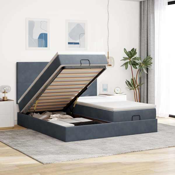 Voodiraam peatsiga koos 2 madratsiga, 2 voodiraami, tumehall, 200 × 200 cm, samet — mudel 3313761