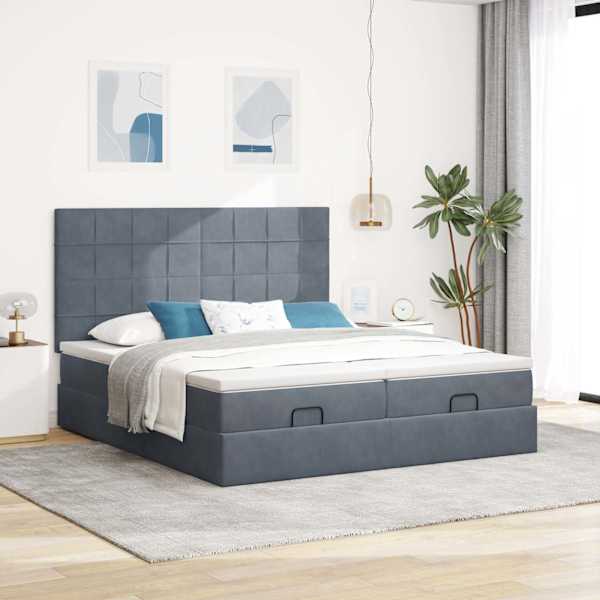 Voodiraam peatsiga koos 2 madratsiga, 2 voodiraami, tumehall, 160 × 200 cm, samet