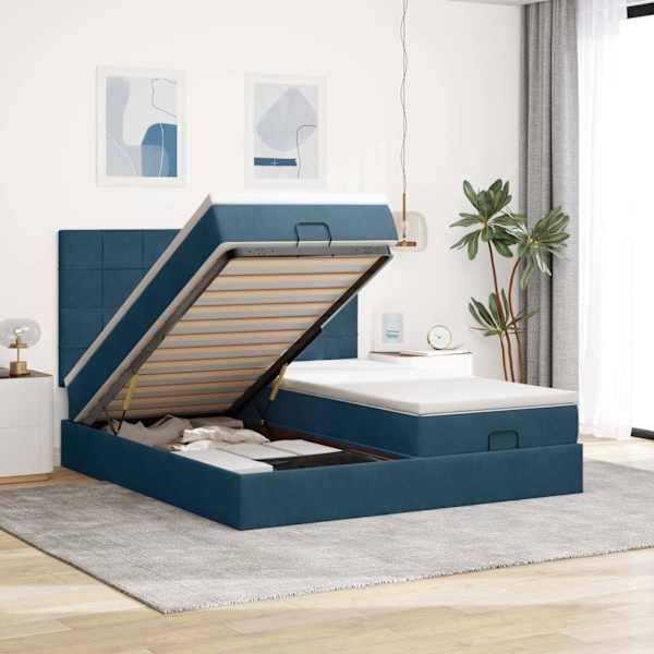 Voodiraam peatsiga koos 2 madratsiga, 2 voodiraami, tumesinine, 160 × 200 cm, samet