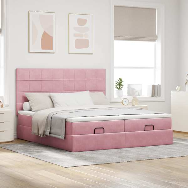 Voodiraam peatsiga koos 2 madratsiga, 2 voodiraami, roosa, 160 × 200 cm, samet