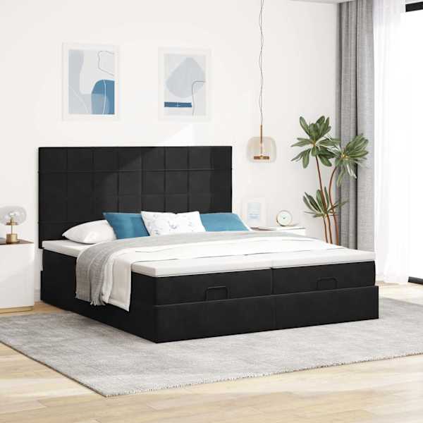 Voodiraam peatsiga koos 2 madratsiga, 2 voodiraami, must, 200 × 200 cm, samet — mudel 3313780