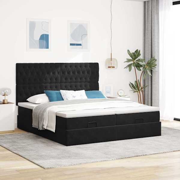 Voodiraam peatsiga koos 2 madratsiga, 2 voodiraami, must, 200 × 200 cm, samet — mudel 3313798