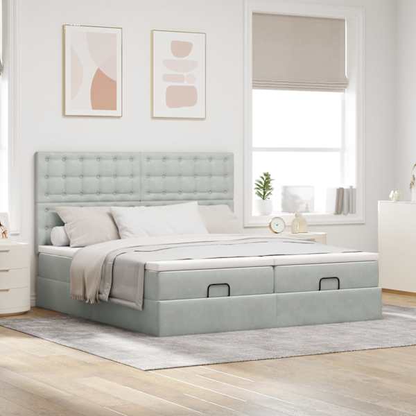 Voodiraam peatsiga koos 2 madratsiga, 2 voodiraami, helehall, 180 × 200 cm, samet — mudel 3313808