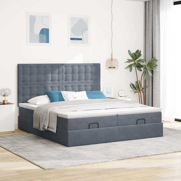 Voodiraam peatsiga koos 2 madratsiga, 2 voodiraami, tumehall, 180 × 200 cm, samet — mudel 3313809