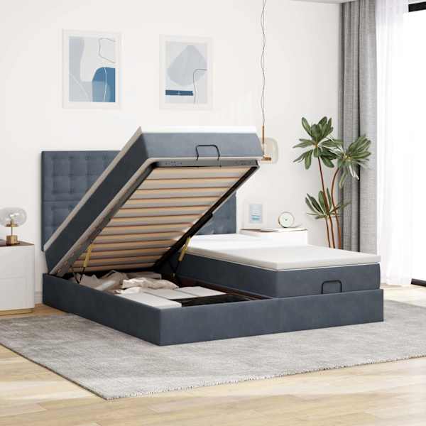 Voodiraam peatsiga koos 2 madratsiga, 2 voodiraami, tumehall, 180 × 200 cm, samet — mudel 3313809