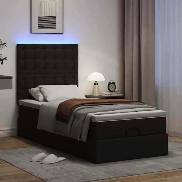 LED-valgustusega voodiraam peatsiga koos madratsiga, must, 90 × 190 cm, kunstnahk — mudel 3313825