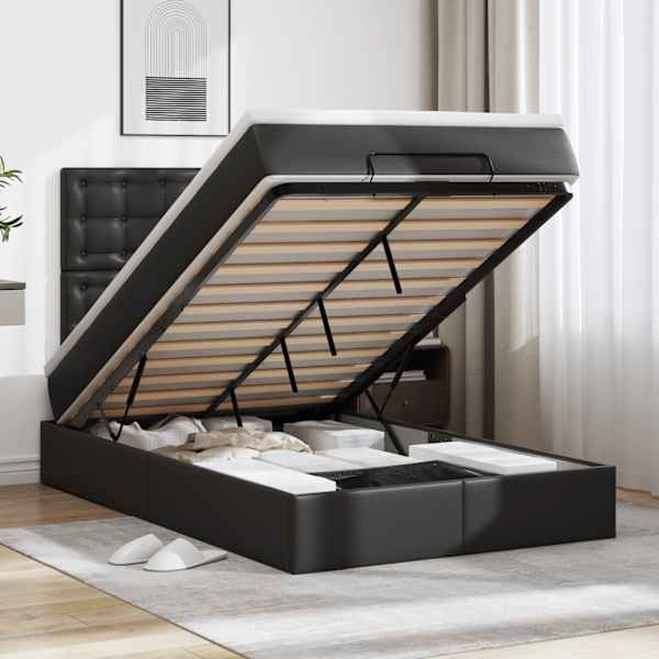 LED-valgustusega voodiraam peatsiga koos madratsiga, must, 120 × 190 cm, kunstnahk — mudel 3313840