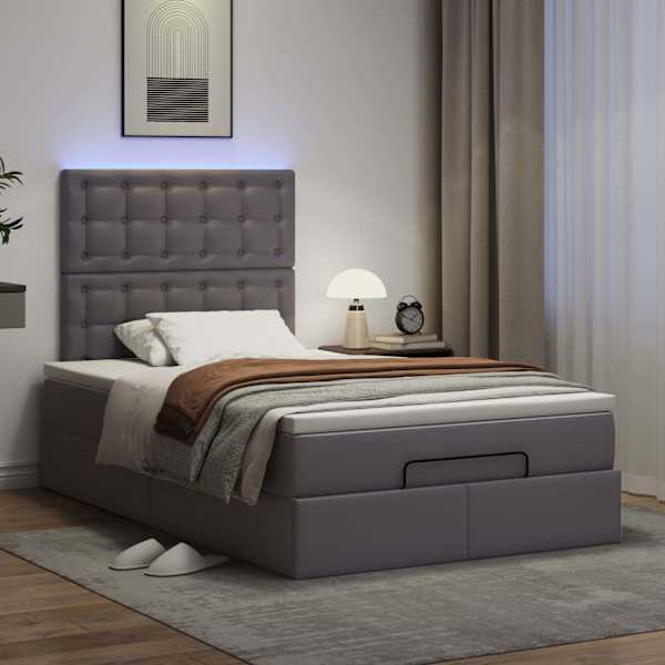LED-valgustusega voodiraam peatsiga koos madratsiga, hall, 120 × 190 cm, kunstnahk — mudel 3313843