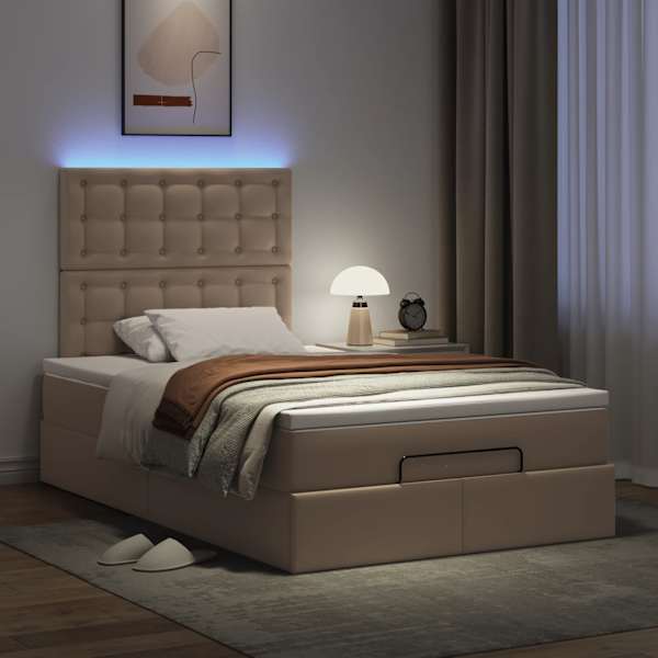 LED-valgustusega voodiraam peatsiga koos madratsiga, cappuccino, 120 × 200 cm, kunstnahk — mudel 3313849