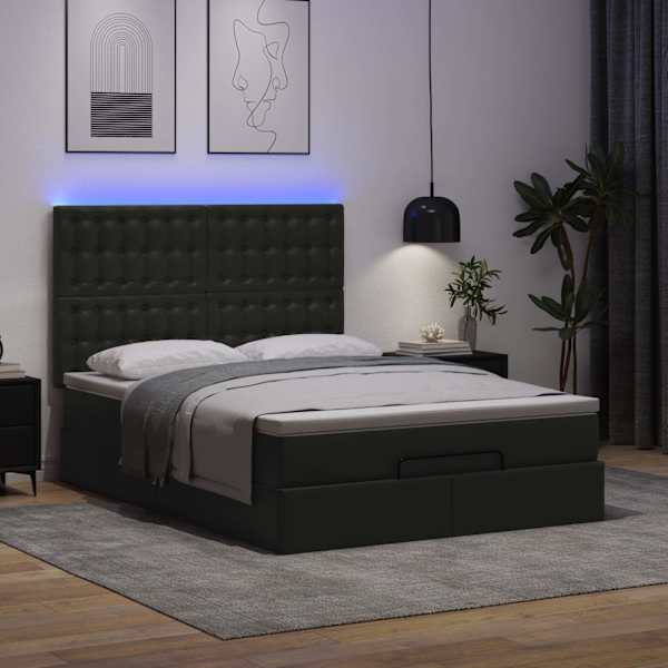 LED-valgustusega voodiraam peatsiga koos madratsiga, must, 140 × 190 cm — mudel 3313850