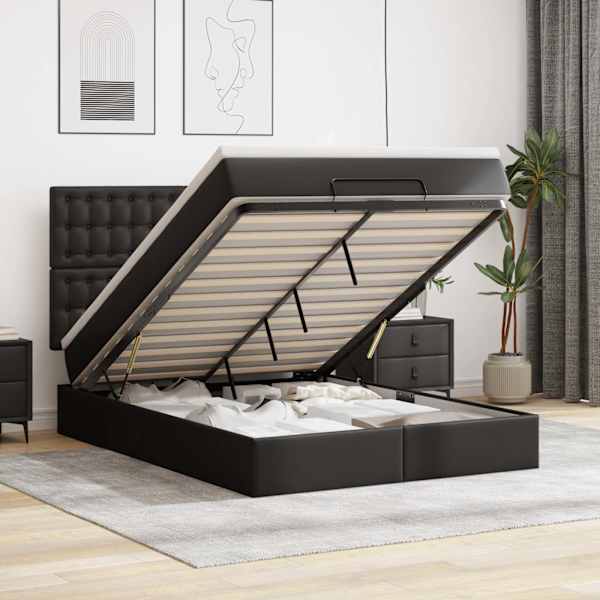 LED-valgustusega voodiraam peatsiga koos madratsiga, must, 140 × 190 cm — mudel 3313850