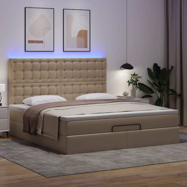 LED-valgustusega voodiraam peatsiga koos madratsiga, cappuccino, 160 × 200 cm, kunstnahk — mudel 3313864