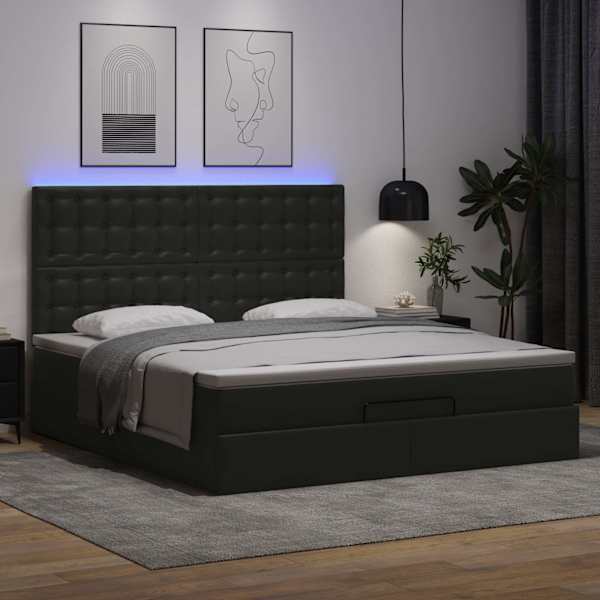LED-valgustusega voodiraam peatsiga koos madratsiga, must, 180 × 200 cm, kunstnahk — mudel 3313865