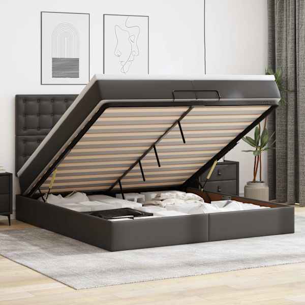 LED-valgustusega voodiraam peatsiga koos 2 madratsiga, must, 200 × 200 cm, kunstnahk — mudel 3313870