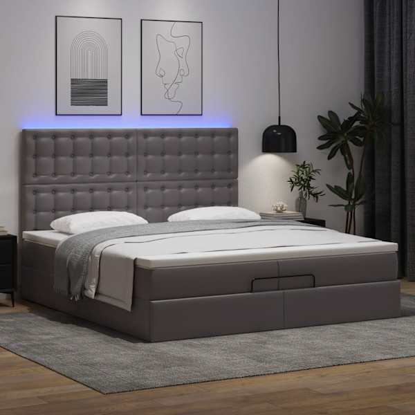 LED-valgustusega voodiraam peatsiga koos 2 madratsiga, hall, 200 × 200 cm, kunstnahk — mudel 3313873