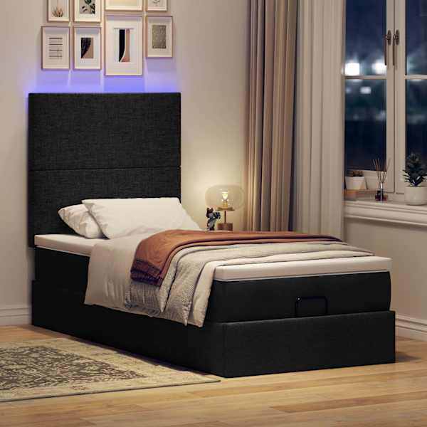 LED-valgustusega voodiraam peatsiga koos madratsiga, must, 90 × 190 cm, kangas — mudel 3313887