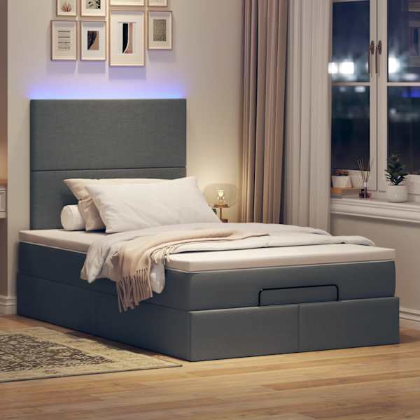 LED-valgustusega voodiraam peatsiga koos madratsiga, tumehall, 120 × 190 cm, kangas — mudel 3313907