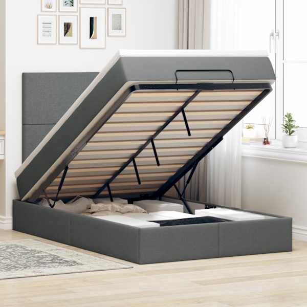 LED-valgustusega voodiraam peatsiga koos madratsiga, tumehall, 120 × 190 cm, kangas — mudel 3313907