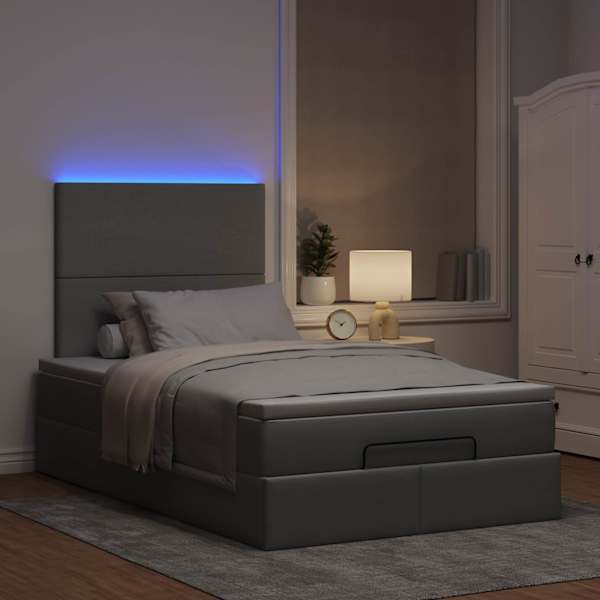 LED-valgustusega voodiraam peatsiga koos madratsiga, helehall, 120 × 200 cm, kangas — mudel 3313913