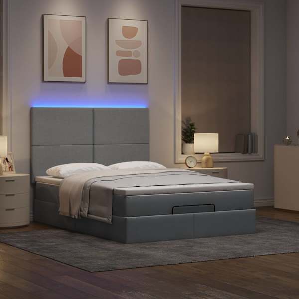 LED-valgustusega voodiraam peatsiga koos madratsiga, helehall, 140 × 190 cm, kangas — mudel 3313920