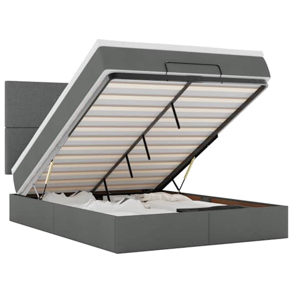 LED-valgustusega voodiraam peatsiga koos madratsiga, tumehall, 140 × 190 cm, kangas — mudel 3313921