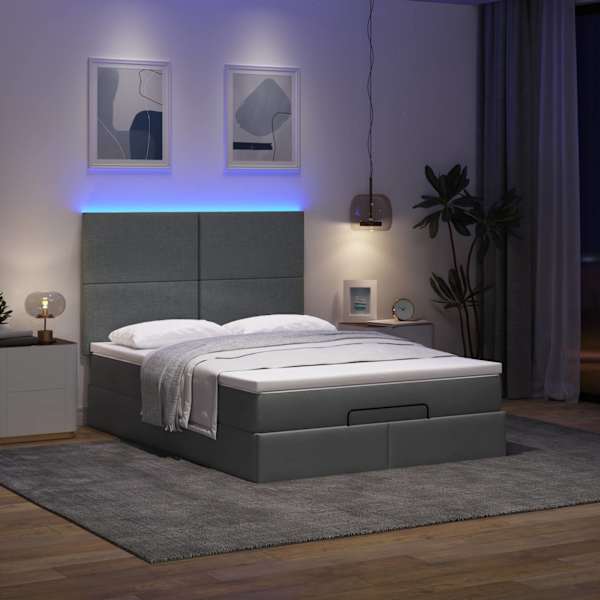 LED-valgustusega voodiraam peatsiga koos madratsiga, tumehall, 140 × 190 cm, kangas — mudel 3313921