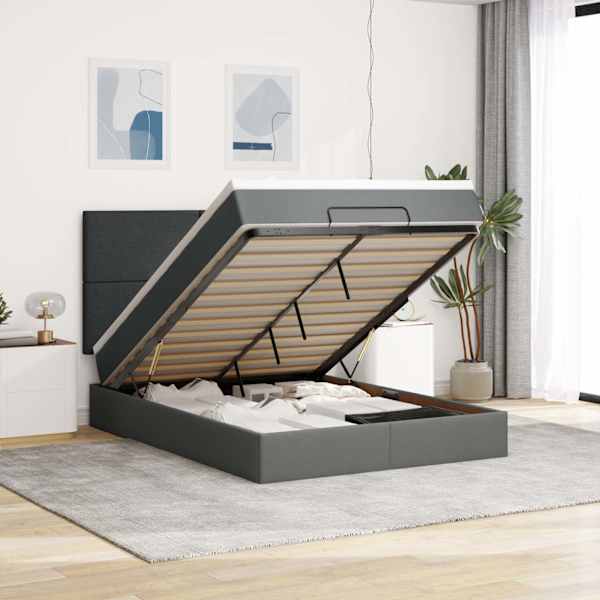 LED-valgustusega voodiraam peatsiga koos madratsiga, tumehall, 140 × 190 cm, kangas — mudel 3313921
