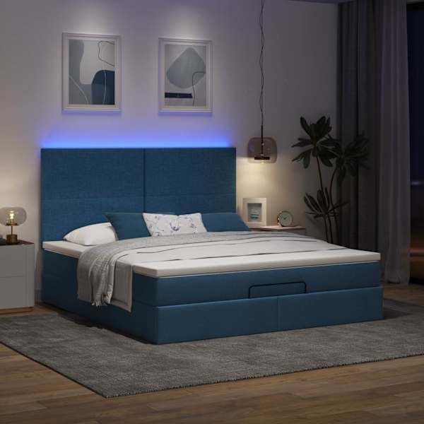LED-valgustusega voodiraam peatsiga koos madratsiga, sinine, 160 × 200 cm, kangas — mudel 3313940