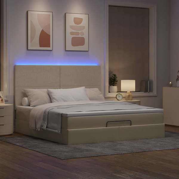 LED-valgustusega voodiraam peatsiga koos madratsiga, kreemjasvalge, 180 × 200 cm, kangas — mudel 3313946