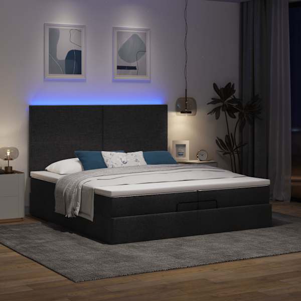 LED-valgustusega voodiraam peatsiga koos 2 madratsiga, must, 200 × 200 cm, kangas — mudel 3313950