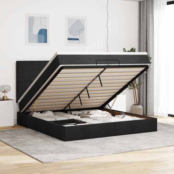 LED-valgustusega voodiraam peatsiga koos 2 madratsiga, must, 200 × 200 cm, kangas — mudel 3313950