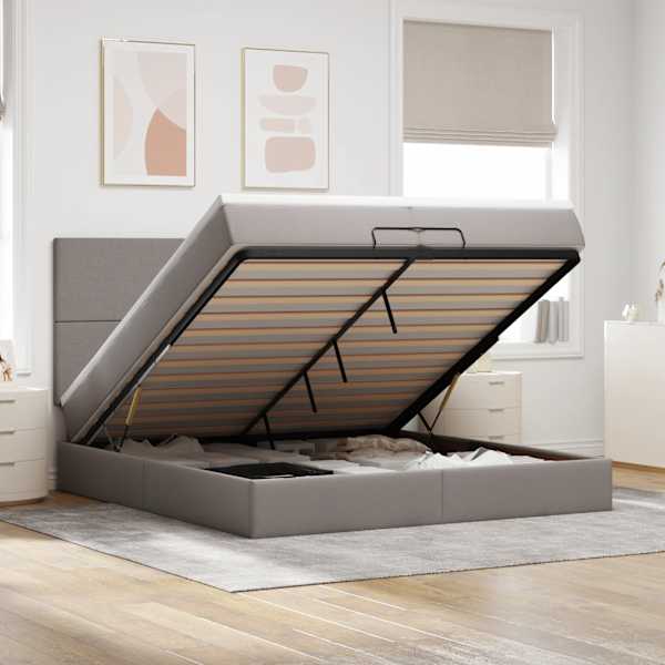 LED-valgustusega voodiraam peatsiga koos 2 madratsiga, pruunikashall, 200 × 200 cm, kangas — mudel 3313952