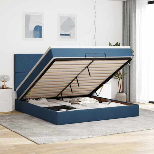 LED-valgustusega voodiraam peatsiga koos 2 madratsiga, sinine, 200 × 200 cm, kangas — mudel 3313954