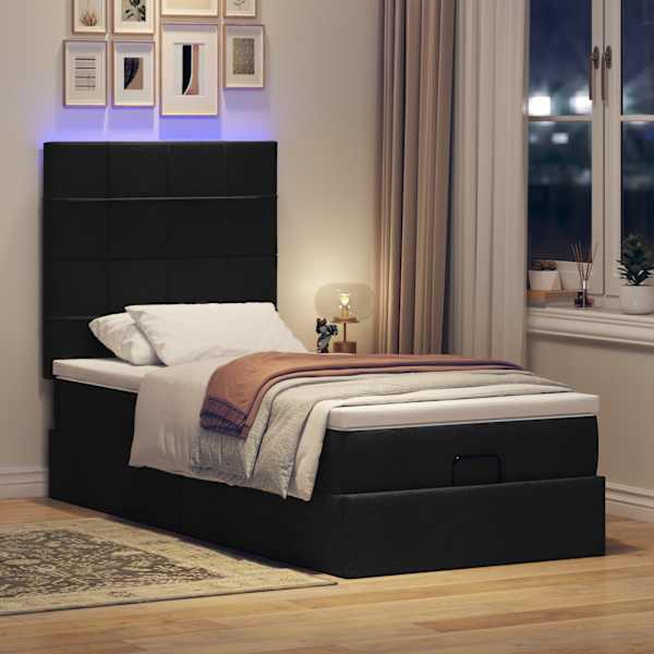 LED-valgustusega voodiraam peatsiga koos madratsiga, must, 90 × 200 cm, kangas — mudel 3313977