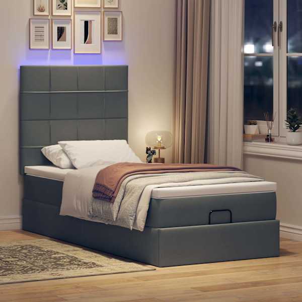 LED-valgustusega voodiraam peatsiga koos madratsiga, tumehall, 100 × 200 cm, kangas — mudel 3313983