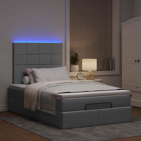 LED-valgustusega voodiraam peatsiga koos madratsiga, helehall, 120 × 190 cm, kangas — mudel 3313989