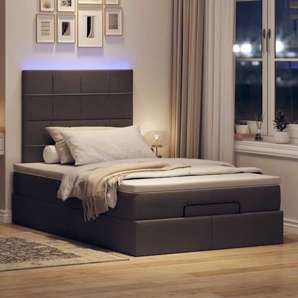 LED-valgustusega voodiraam peatsiga koos madratsiga, tumepruun, 120 × 190 cm, kangas — mudel 3313992