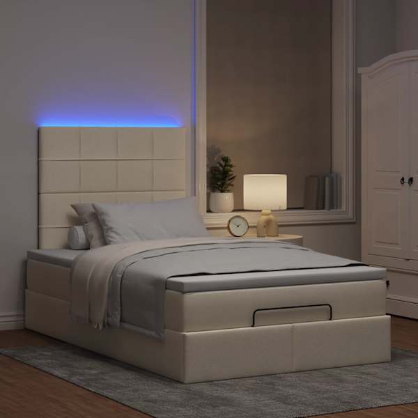 LED-valgustusega voodiraam peatsiga koos madratsiga, kreemjasvalge, 120 × 190 cm, kangas — mudel 3313994