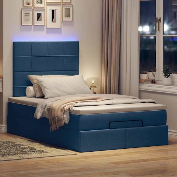 LED-valgustusega voodiraam peatsiga koos madratsiga, sinine, 120 × 190 cm, kangas — mudel 3313995
