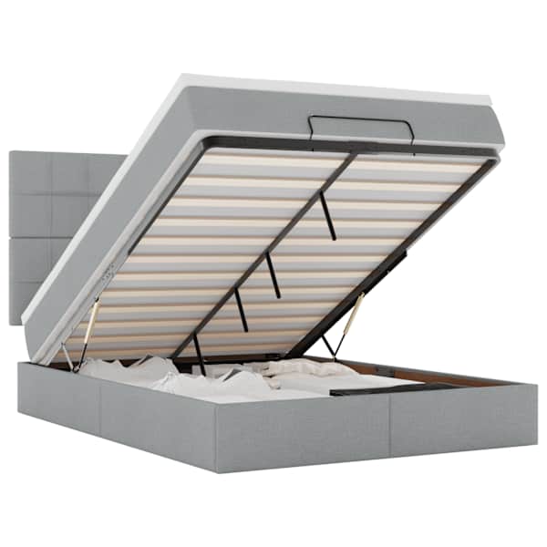LED-valgustusega voodiraam peatsiga koos madratsiga, helehall, 140 × 190 cm, kangas — mudel 3314003