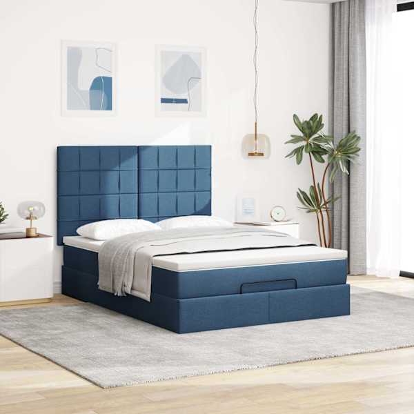 LED-valgustusega voodiraam peatsiga koos madratsiga, sinine, 140 × 190 cm, kangas — mudel 3314009