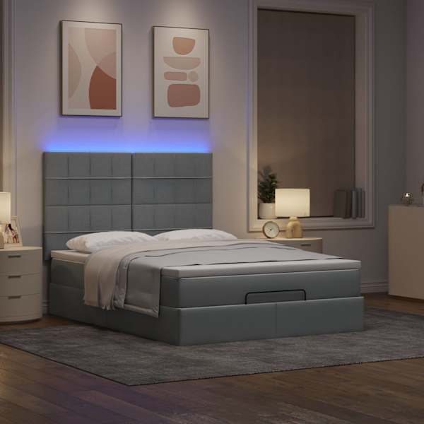 LED-valgustusega voodiraam peatsiga koos madratsiga, helehall, 140 × 200 cm, kangas — mudel 3314010