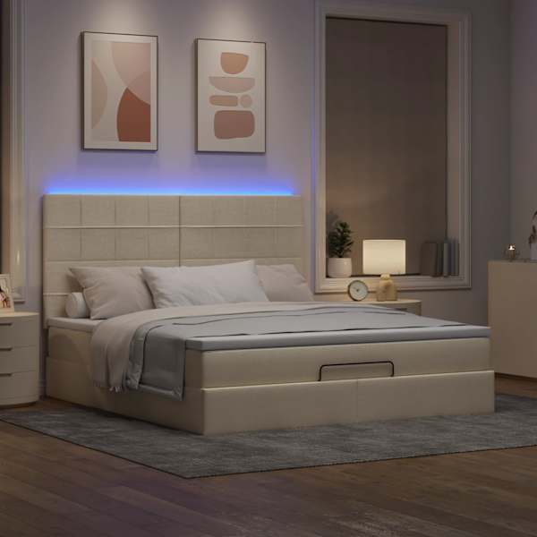 LED-valgustusega voodiraam peatsiga koos madratsiga, kreemjasvalge, 160 × 200 cm, kangas — mudel 3314022