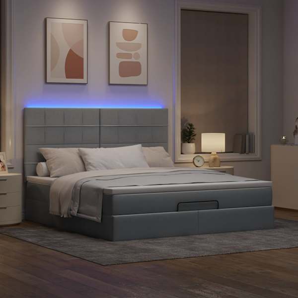 LED-valgustusega voodiraam peatsiga koos madratsiga, helehall, 180 × 200 cm, kangas — mudel 3314024