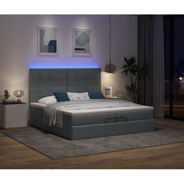 LED-valgustusega voodiraam peatsiga koos 2 madratsiga, tumehall, 200 × 200 cm, kangas — mudel 3314032