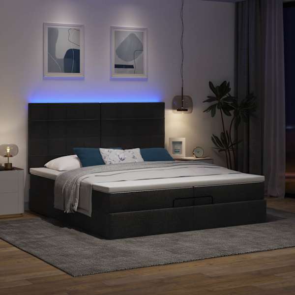 LED-valgustusega voodiraam peatsiga koos 2 madratsiga, must, 200 × 200 cm, kangas — mudel 3314033