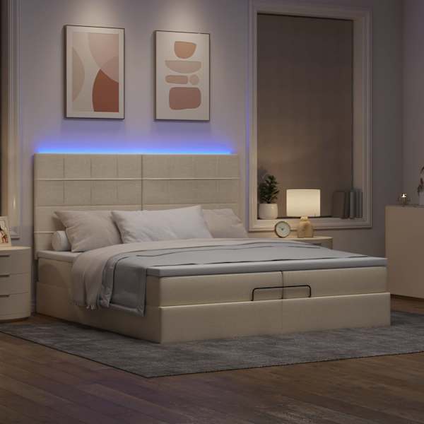 LED-valgustusega voodiraam peatsiga koos 2 madratsiga, kreemjasvalge, 200 × 200 cm, kangas — mudel 3314036