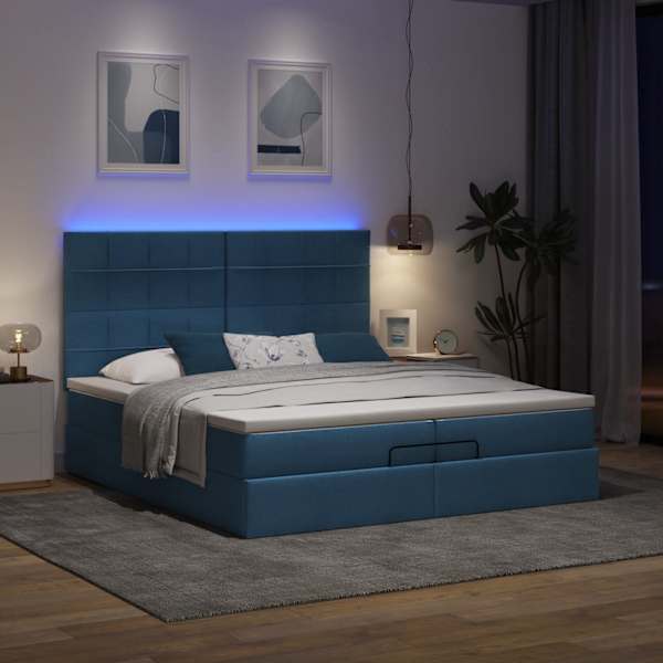 LED-valgustusega voodiraam peatsiga koos 2 madratsiga, sinine, 200 × 200 cm, kangas — mudel 3314037