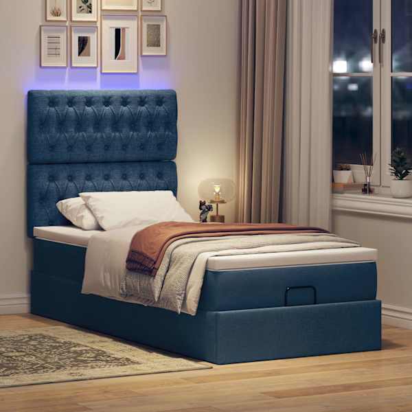 LED-valgustusega voodiraam peatsiga koos madratsiga, sinine, 80 × 200 cm, kangas — mudel 3314050