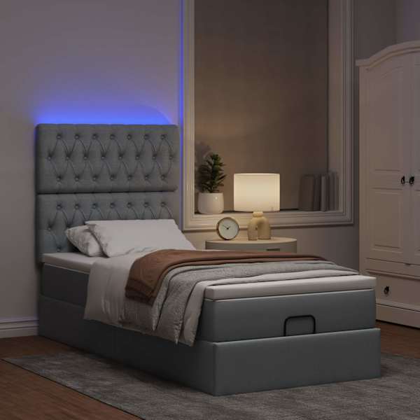 LED-valgustusega voodiraam peatsiga koos madratsiga, helehall, 90 × 190 cm, kangas — mudel 3314051